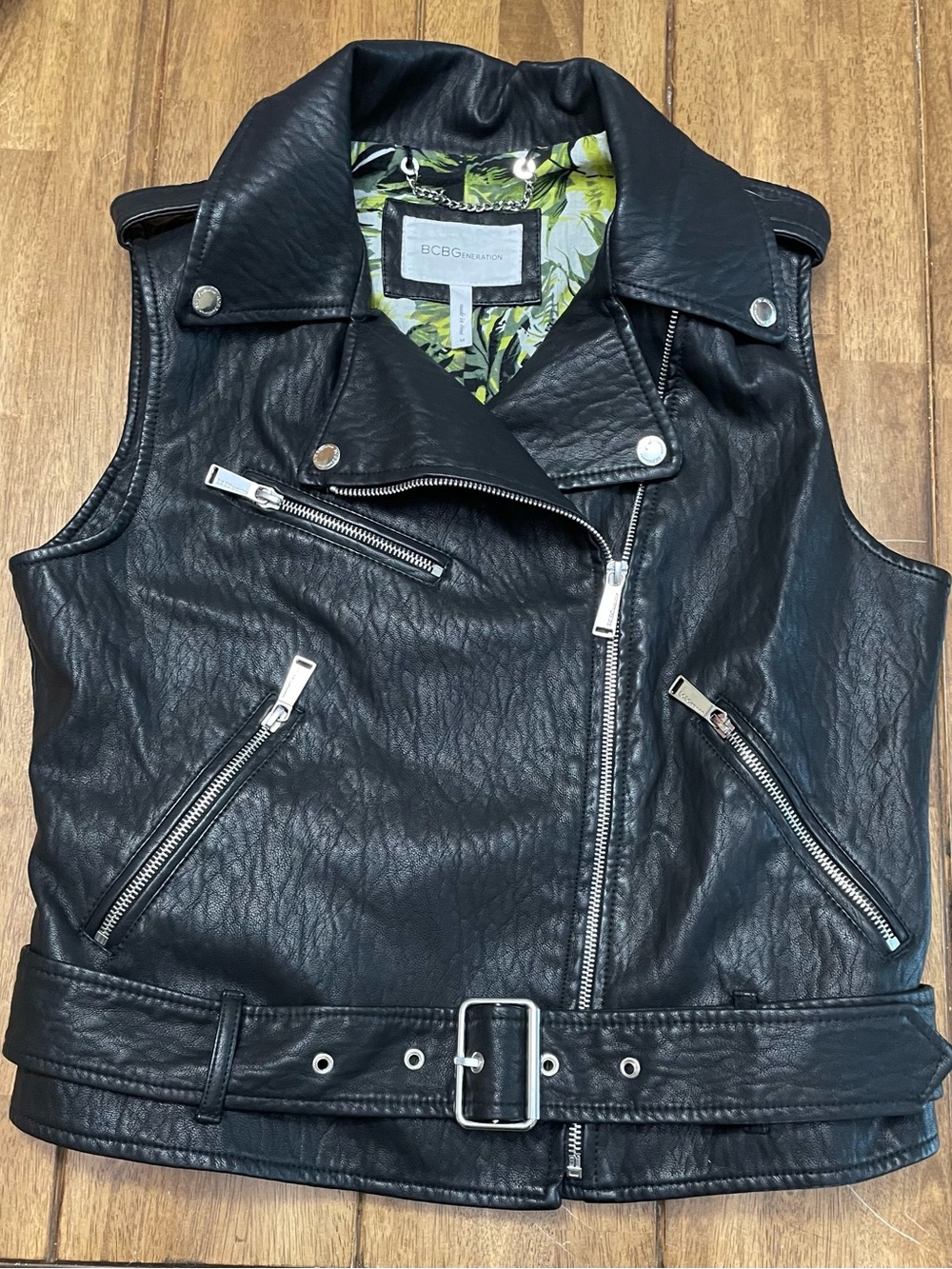 BCBGeneration Black Faux Leather Moto Vest with Floral Lining